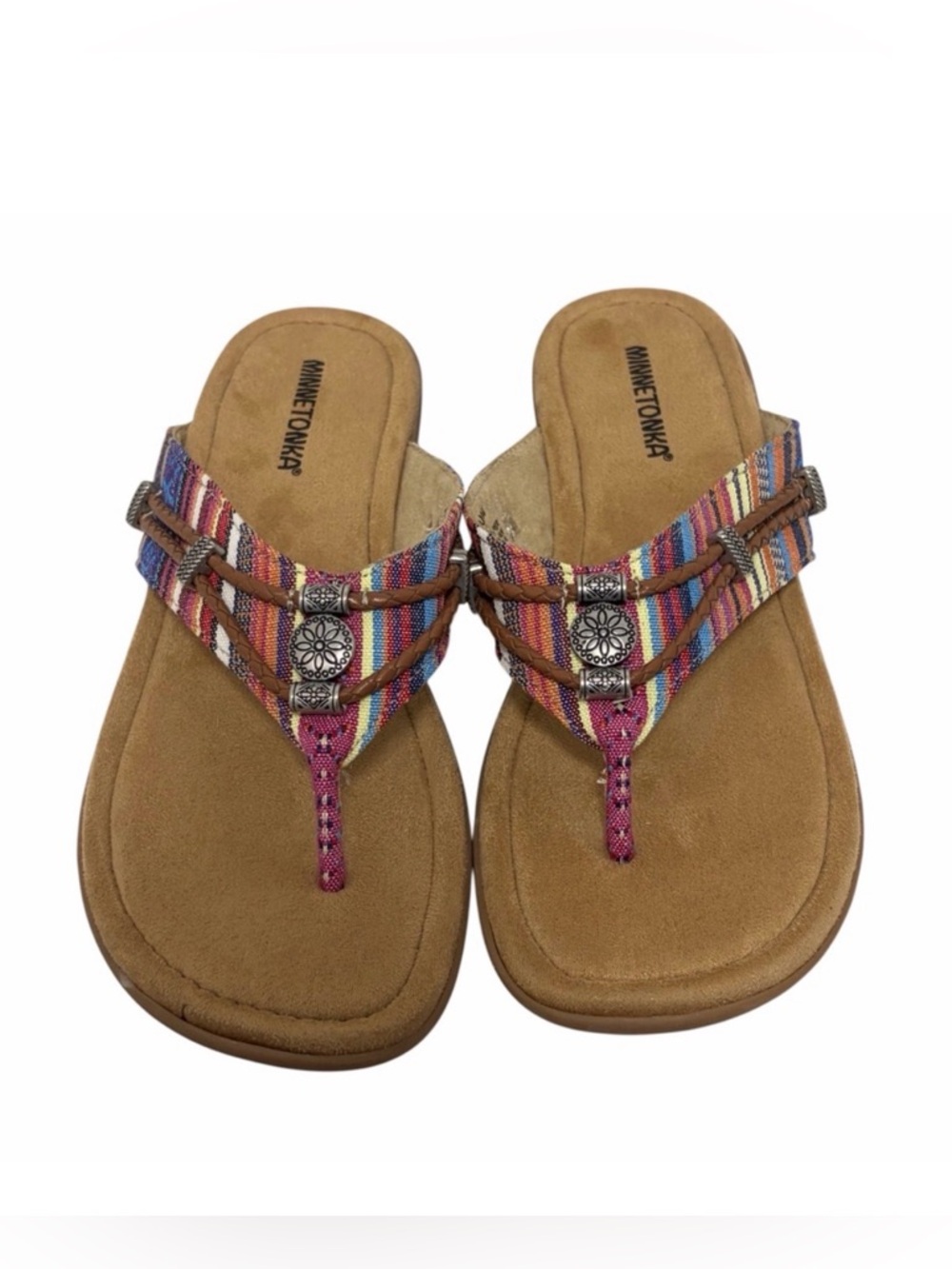 Minnetonka Silverbay Denim Stripped Desert Boho Thong Sandals - New - 10
